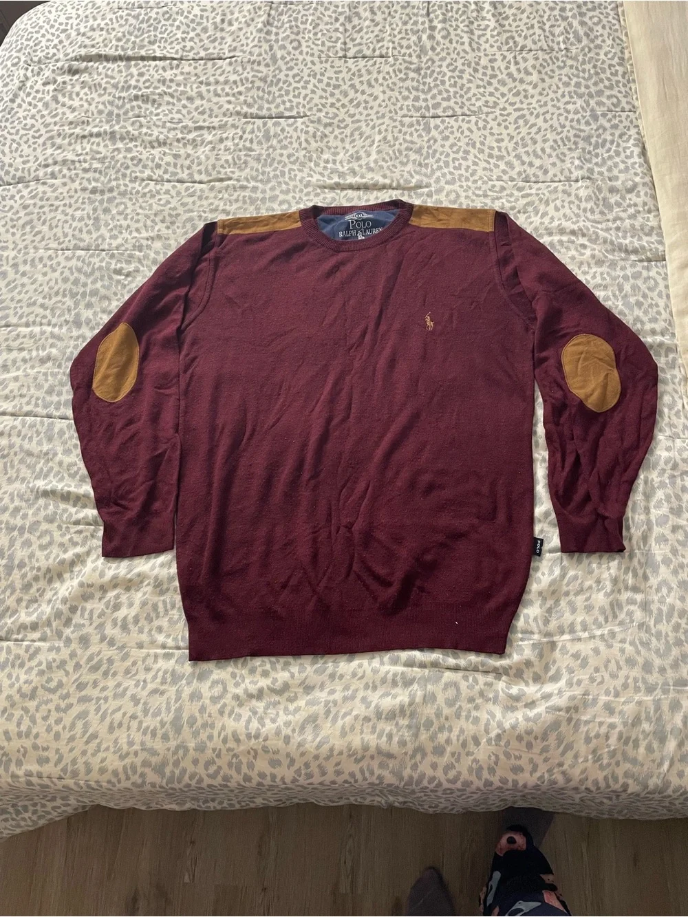 Polo by Ralph Lauren Burgundy Crewneck Sweater with Tan Suede Patches